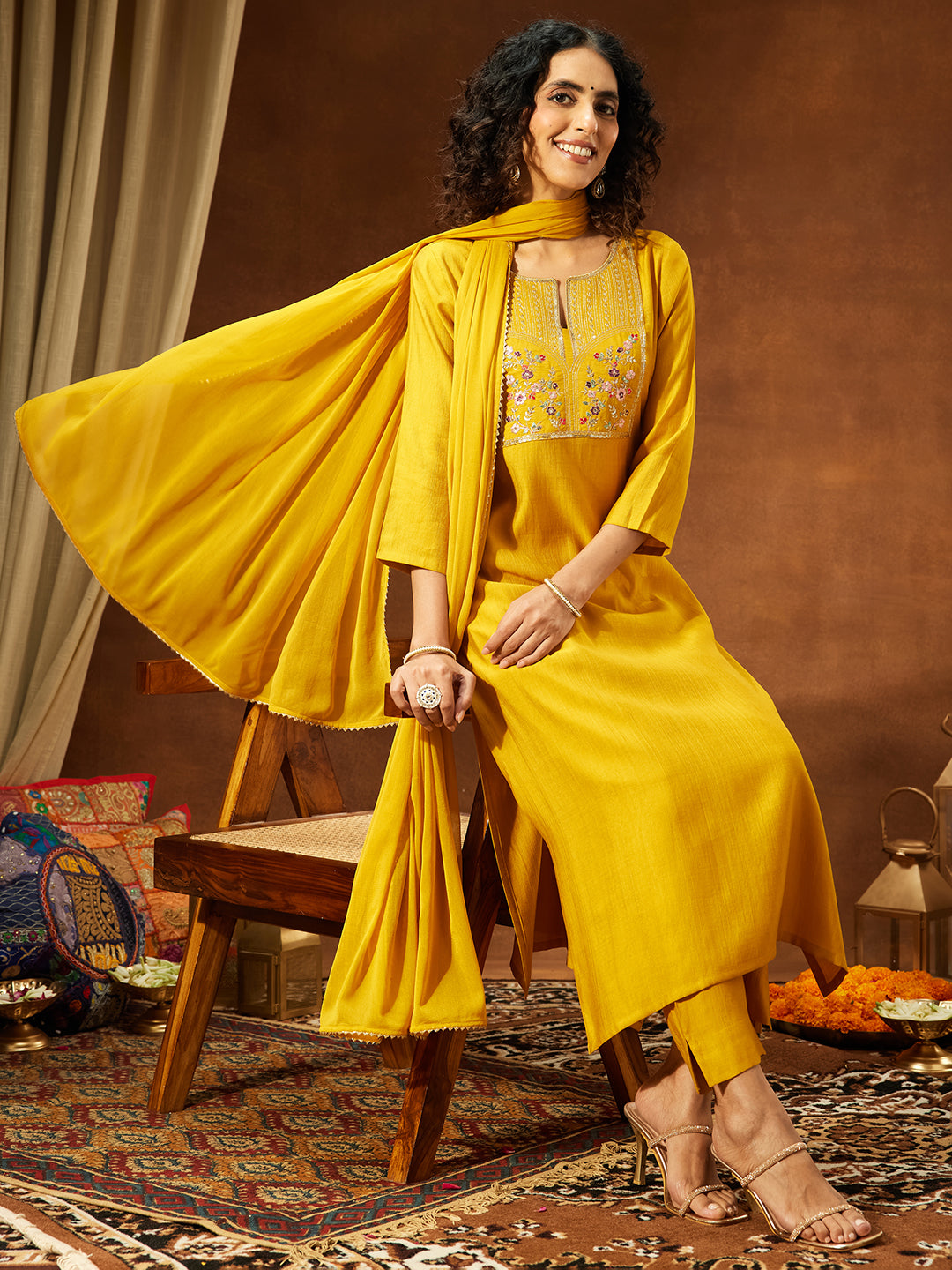 Janasya Women's Mustard Silk Blend Yoke Embroidered Straight Kurta Set