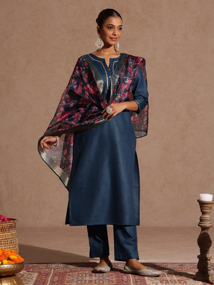 Janasya Women's Teal Blue Cotton Blend Yoke Design Straight Kurta Set With Printed Dupatta