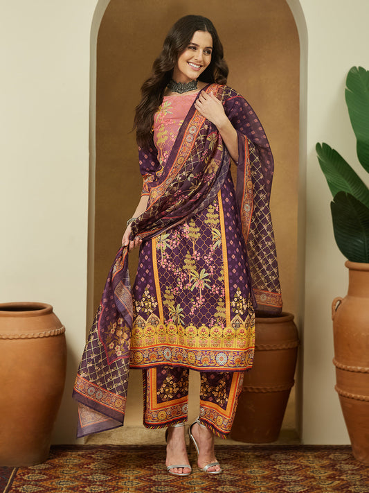 Janasya Women's Purple Cotton Blend Floral Printed Straight Kurta Set
