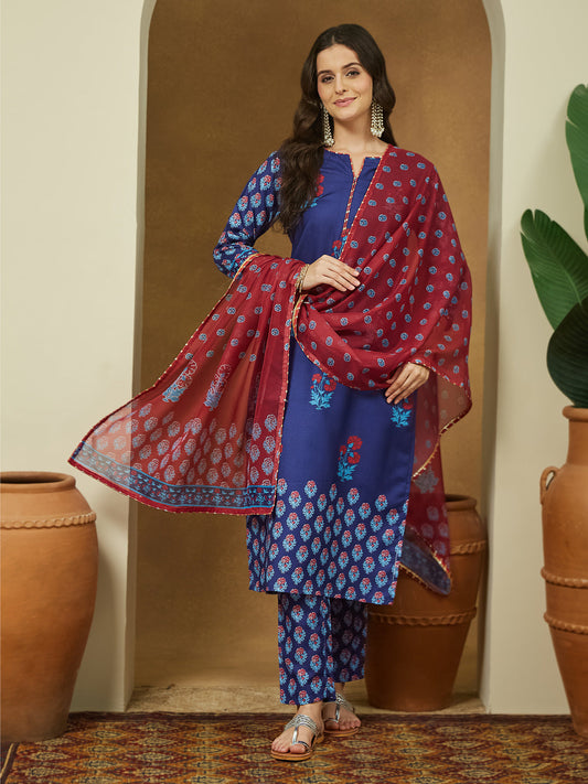 Janasya Women's Purple Cotton Blend Printed Straight Kurta Set