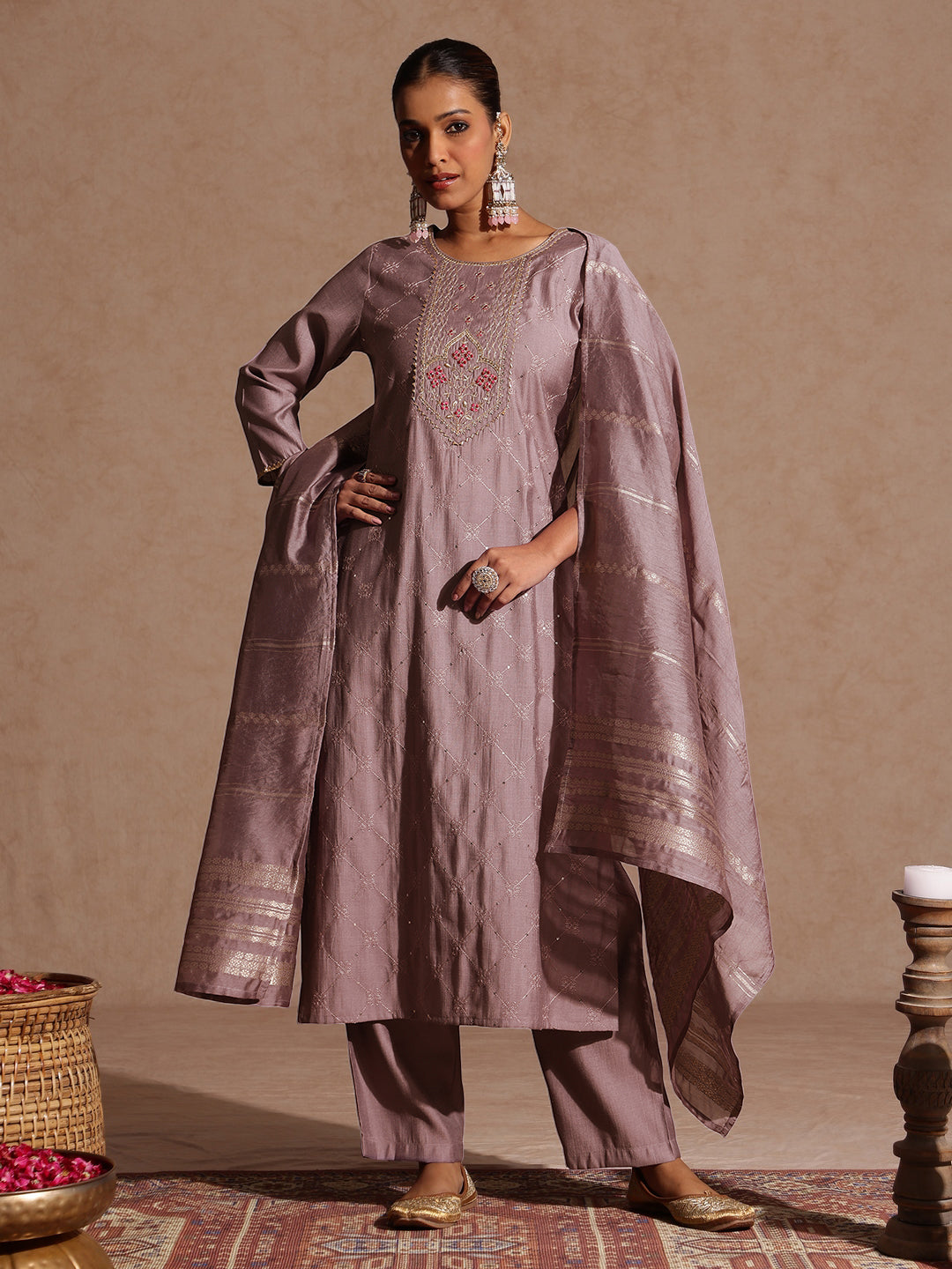 Janasya Women's Brown Silk Blend Embellished Straight Kurta Set