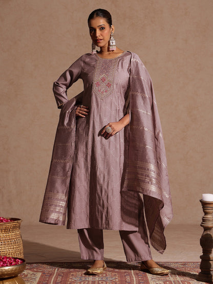 Janasya Women's Brown Silk Blend Embellished Straight Kurta Set