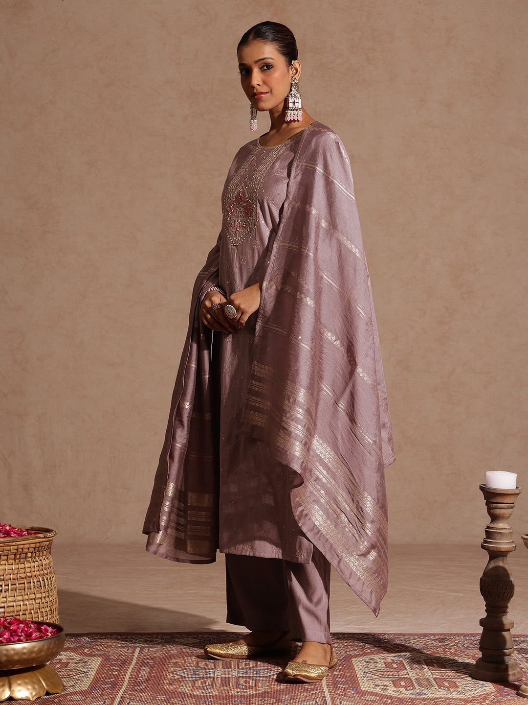 Janasya Women's Brown Silk Blend Embellished Straight Kurta Set