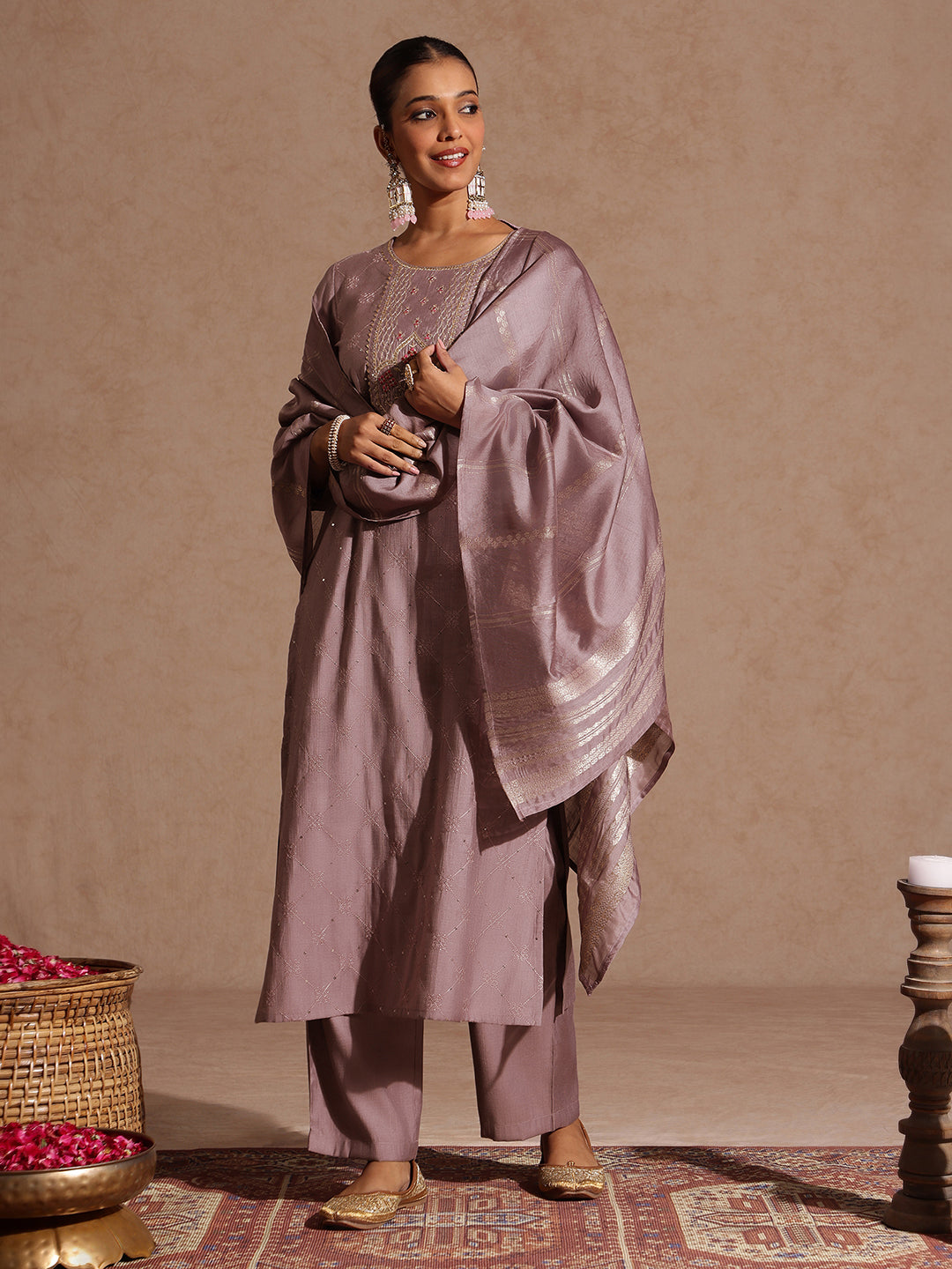 Janasya Women's Brown Silk Blend Embellished Straight Kurta Set