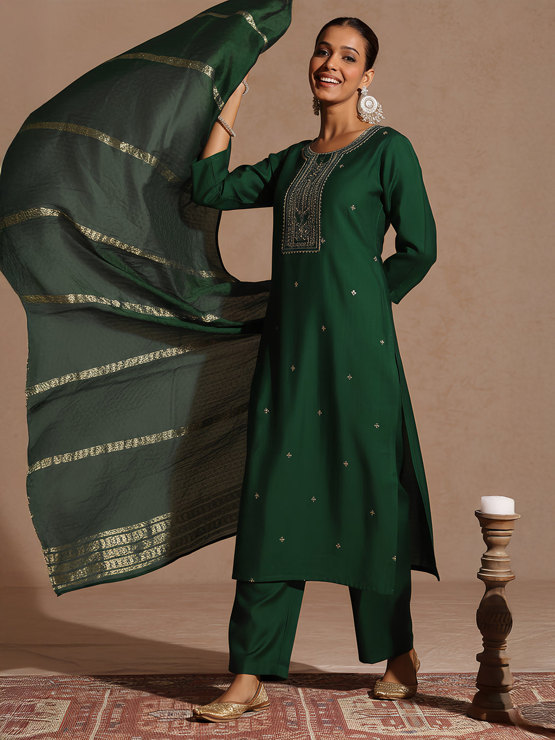 Janasya Women's Bottle Green Silk Blend Embroidered Straight Kurta Set