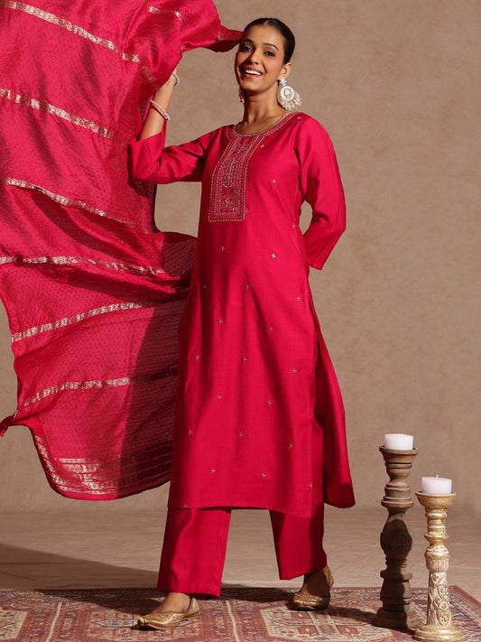 Janasya Women's Pink Silk Blend Embroidered Straight Kurta Set