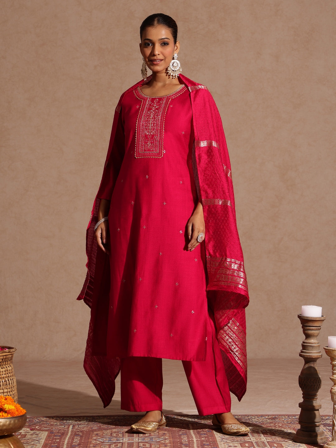 Janasya Women's Pink Silk Blend Embroidered Straight Kurta Set