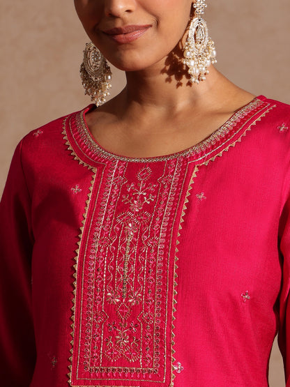 Janasya Women's Pink Silk Blend Embroidered Straight Kurta Set