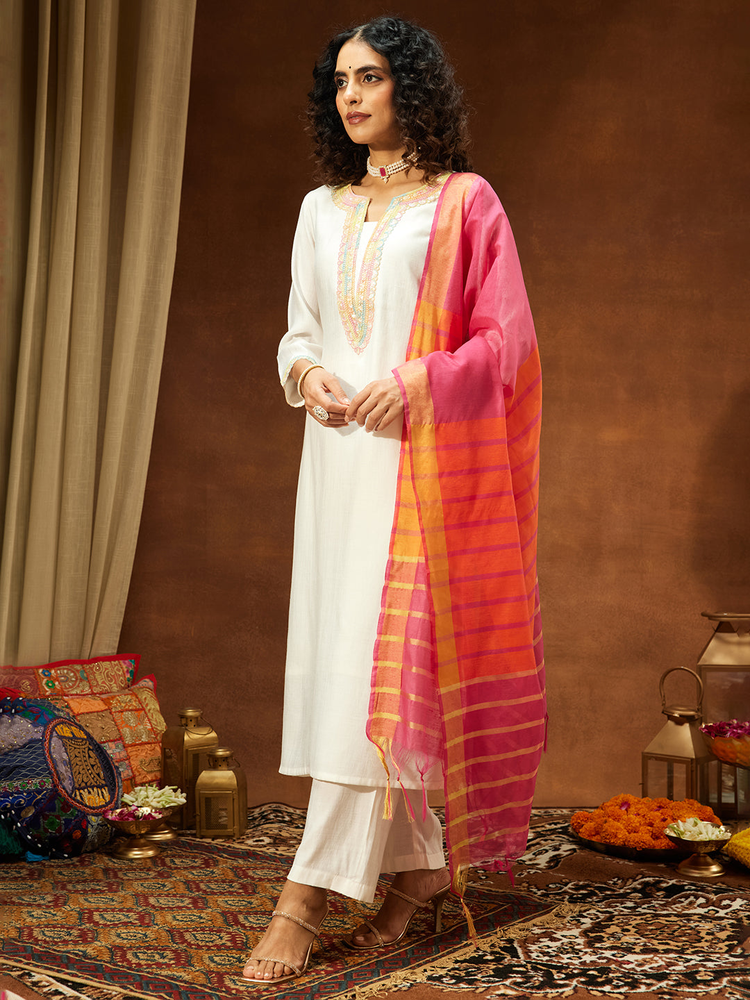 Janasya Women's Off White Silk Blend Embellished Straight Kurta Set