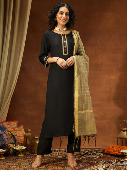 Janasya Women's Black Silk Blend Embellished Straight Kurta Set
