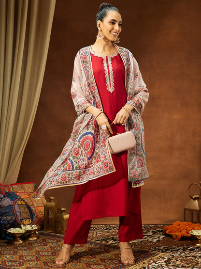 Janasya Women's Maroon Silk Blend Embellished Straight Kurta Set With Printed Dupatta Set