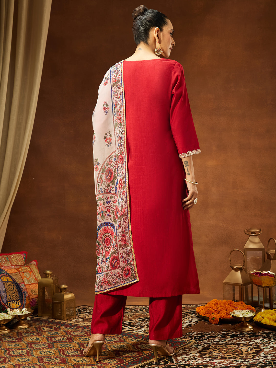 Janasya Women's Maroon Silk Blend Embellished Straight Kurta Set With Printed Dupatta Set