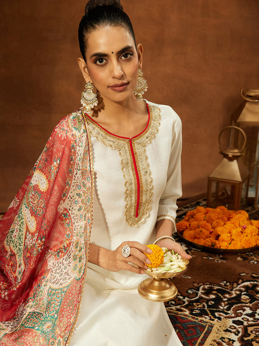 Janasya Women's Off White Silk Blend Embellished Straight Kurta Set