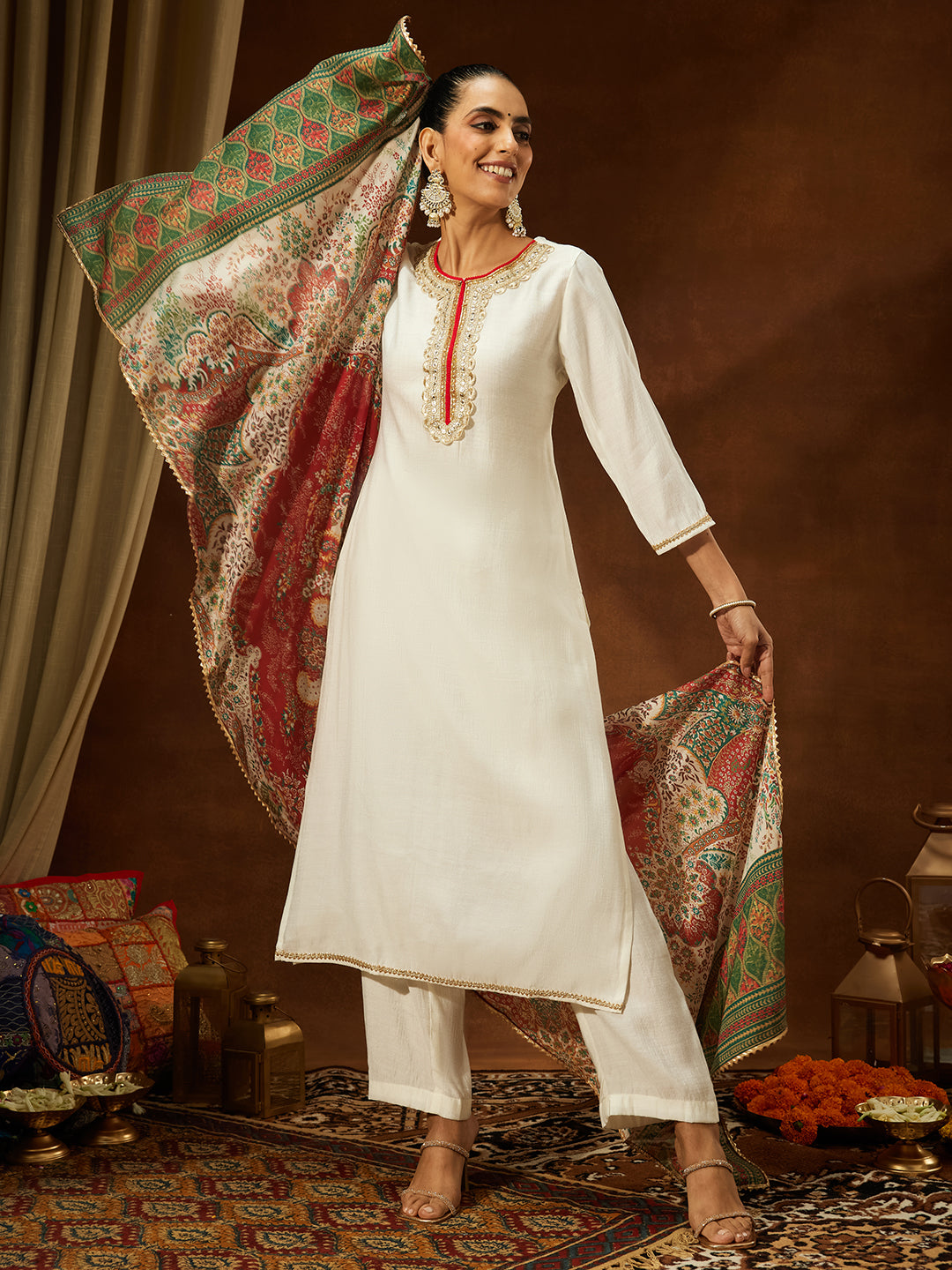 Janasya Women's Off White Silk Blend Embellished Straight Kurta Set