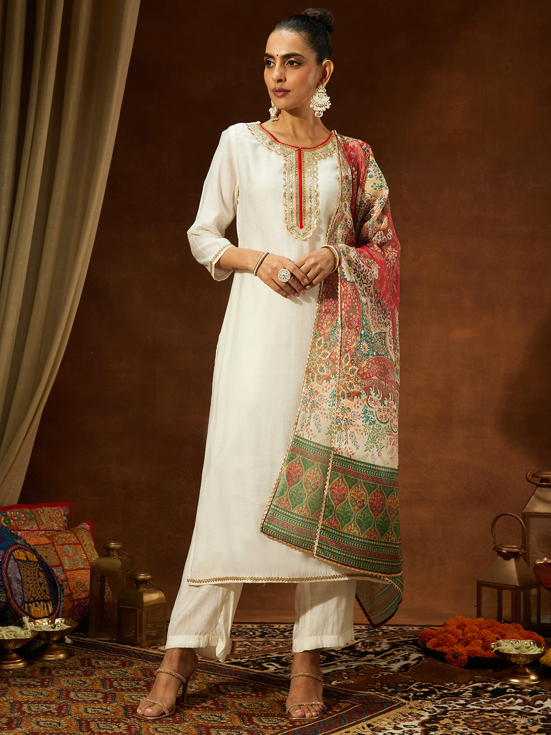 Janasya Women's Off White Silk Blend Embellished Straight Kurta Set