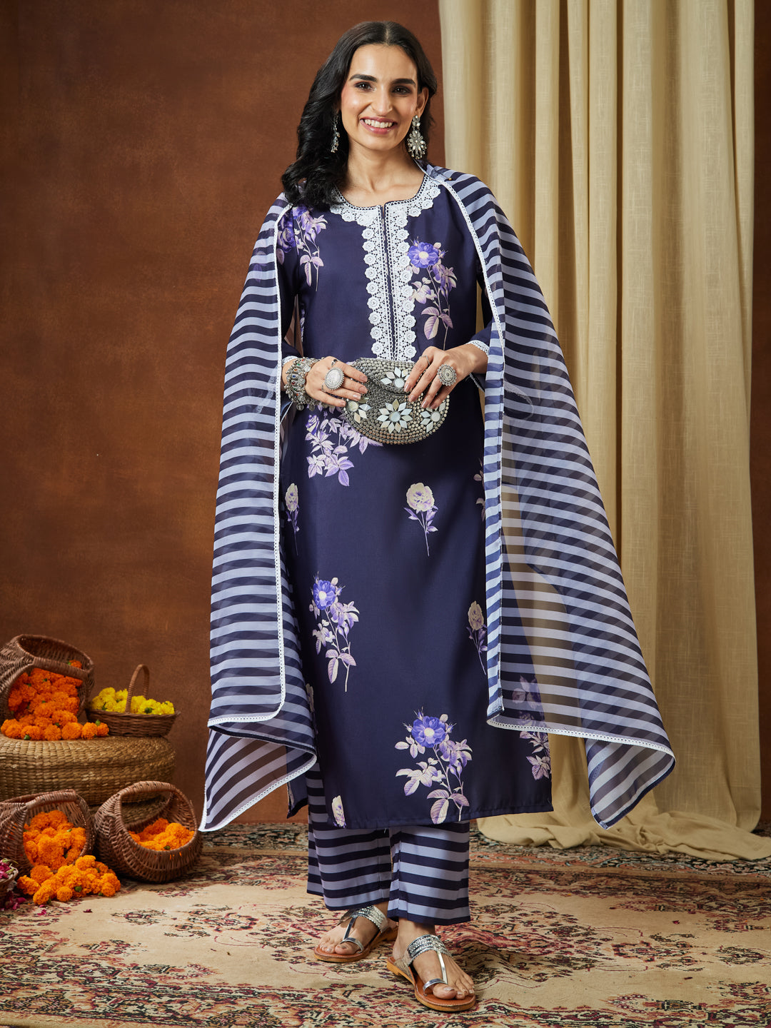 Janasya Women's Purple Cotton Blend Floral Printed Straight Kurta Set