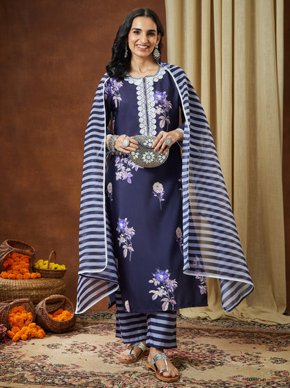 Janasya Women's Purple Cotton Blend Floral Printed Straight Kurta Set