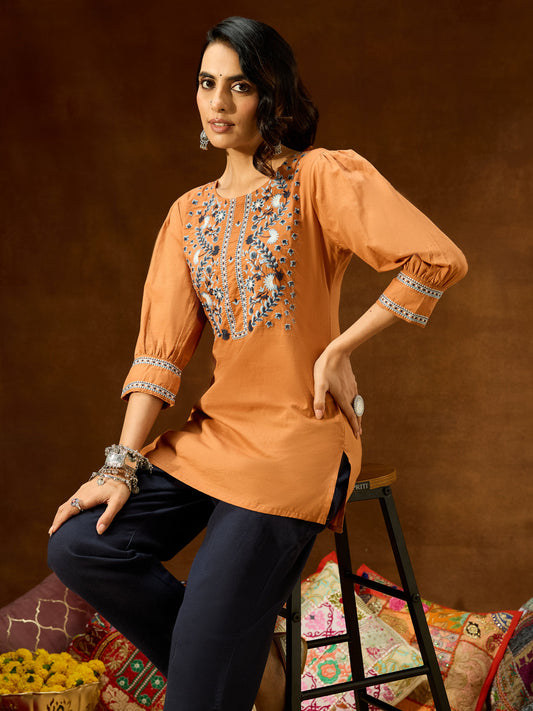 Janasya Women's Brown Pure Cotton Embroidered Straight Short Kurti