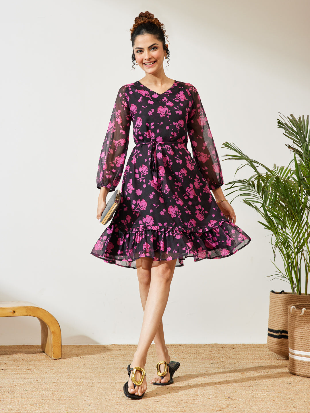 Janasya Women's Black Chiffon Floral Printed A-line Dress