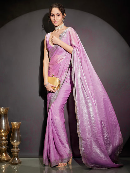 Janasya Women's Lavender Tissue Silk One-Minute Ready-to-Wear Embellished Saree with Unstitched Blouse