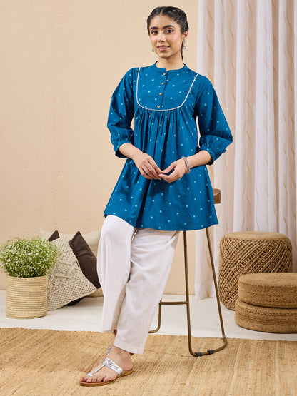 Janasya Women's Teal Blue Pure Cotton Floral Foil Printed A-line Tunic
