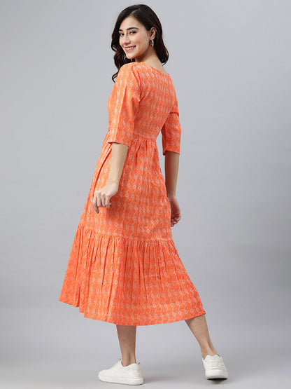 Orange Cotton Woven Design Tiered Western Dress