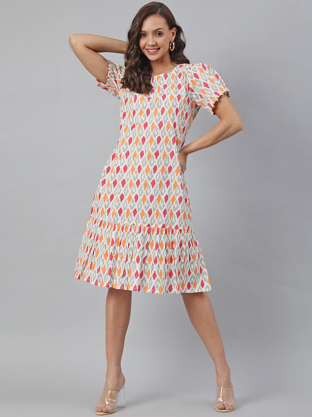 Off White Cotton Printed A-line Western Dress