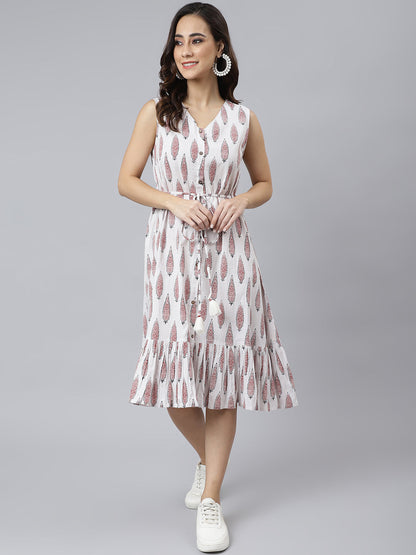 White Cotton Ethnic Motifs Flared Western Dress