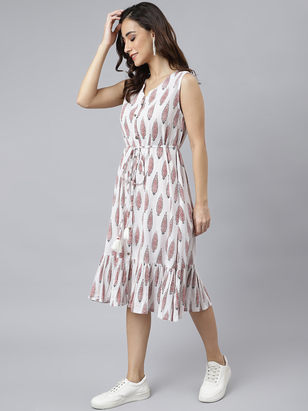 White Cotton Ethnic Motifs Flared Western Dress