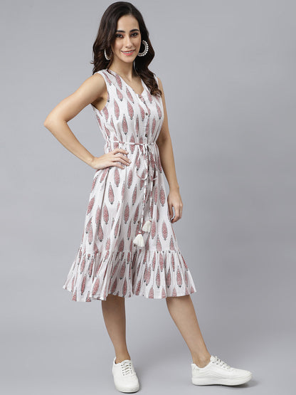 White Cotton Ethnic Motifs Flared Western Dress