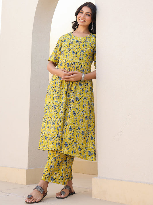 Lime Pure Cotton Floral Printed A-line Maternity Co-ord Set