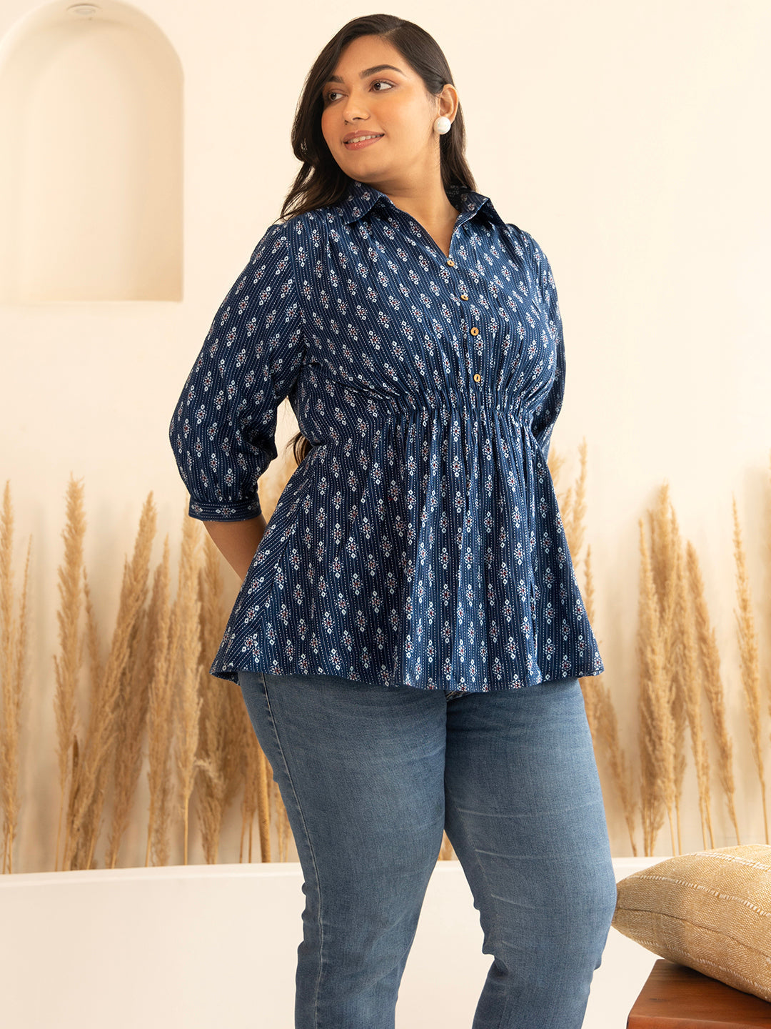 Dark Blue Cotton Ethnic Motifs A-Line Top