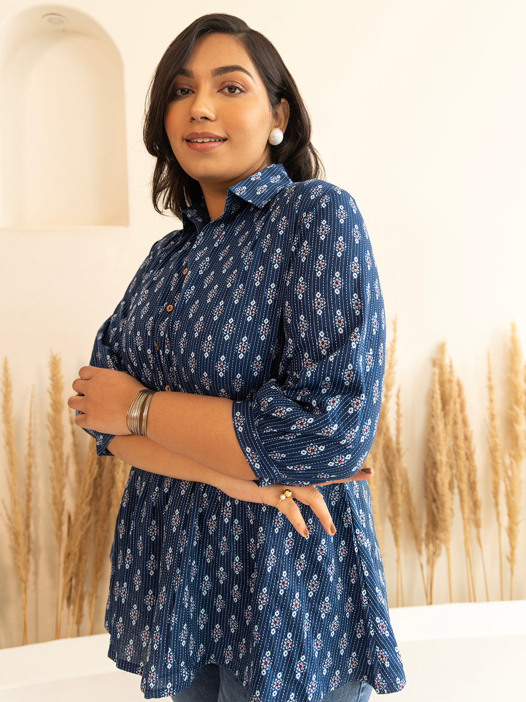 Dark Blue Cotton Ethnic Motifs A-Line Top