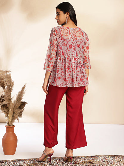 Wine Moss Solid Crop Top with Pant and Jacket