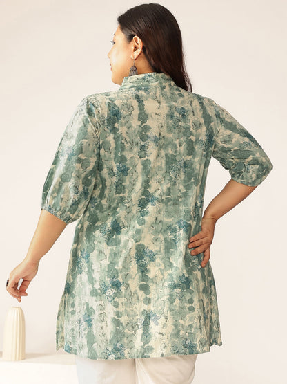 Plus Size Aqua Pure Cotton Tie & Dye A-line Tunic