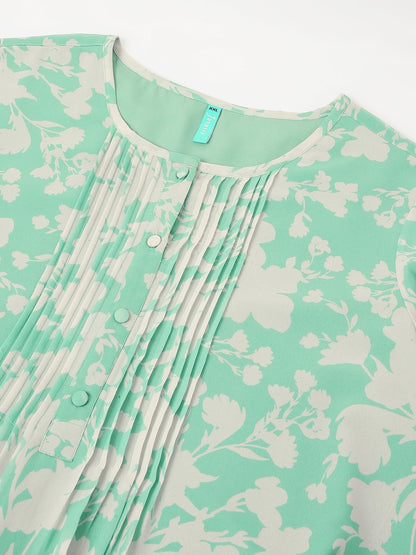 Plus Size Green Georgette Floral Printed A-line Tunic