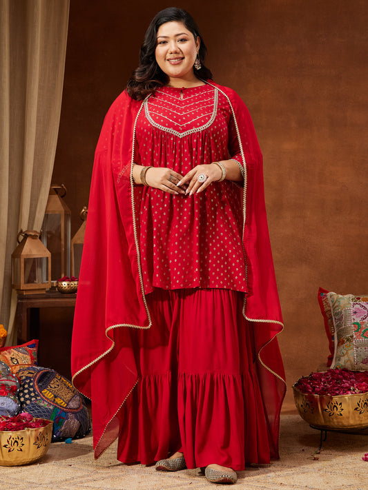 Janasya Women's Plus Size Red Rayon Embellished Gold Printed A-line Kurta With Sharara & Dupatta Set