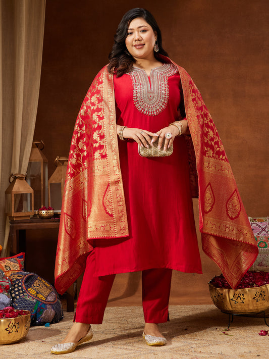 Janasya Women's Plus Size Maroon Silk Blend Zari Embroidered Straight Kurta Set