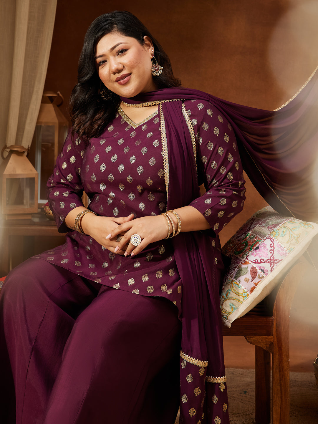 Janasya Women's Plus Size Wine Chanderi Silk Embellished Gold Printed Straight Kurta With Sharara & Dupatta Set
