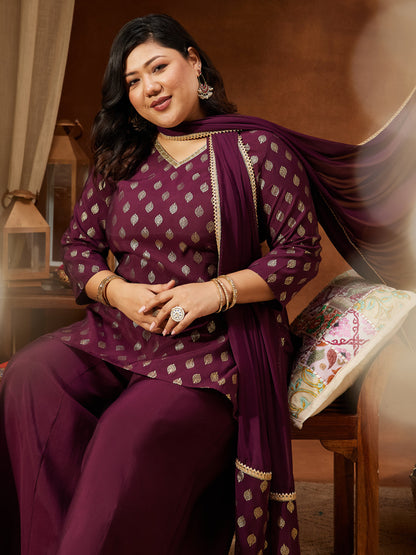 Janasya Women's Plus Size Wine Chanderi Silk Embellished Gold Printed Straight Kurta With Sharara & Dupatta Set