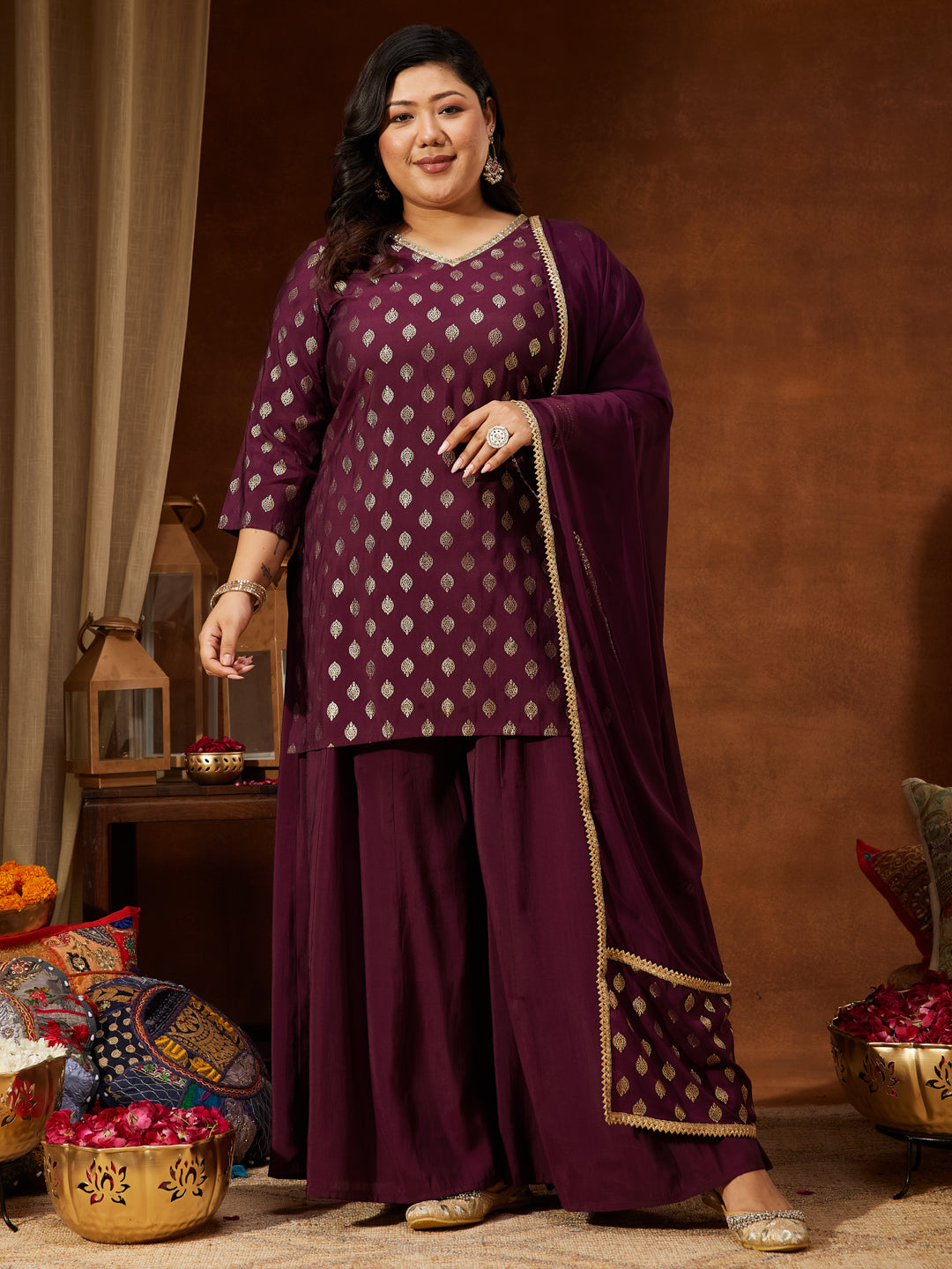 Janasya Women's Plus Size Wine Chanderi Silk Embellished Gold Printed Straight Kurta With Sharara & Dupatta Set