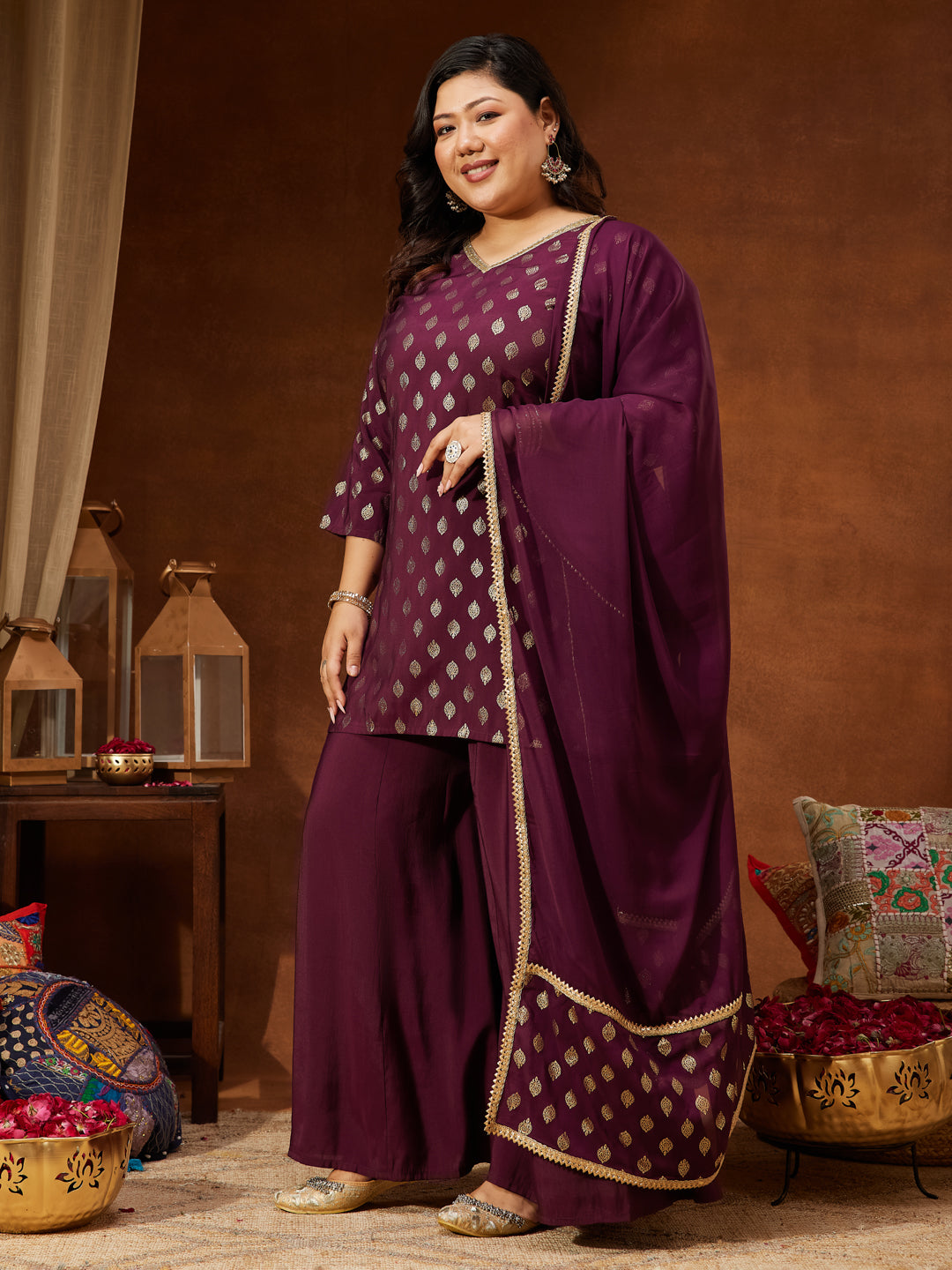 Janasya Women's Plus Size Wine Chanderi Silk Embellished Gold Printed Straight Kurta With Sharara & Dupatta Set