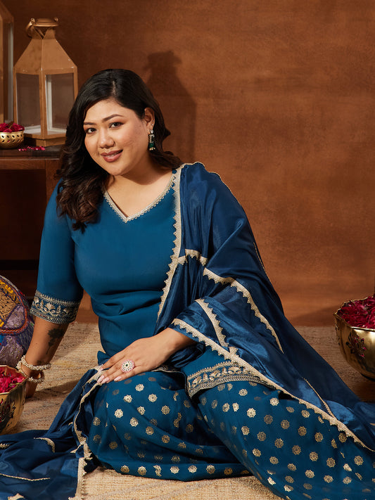 Janasya Women's Plus Size Teal Blue Chanderi Silk Embellished Straight Kurta With Palazzo & Dupatta Set
