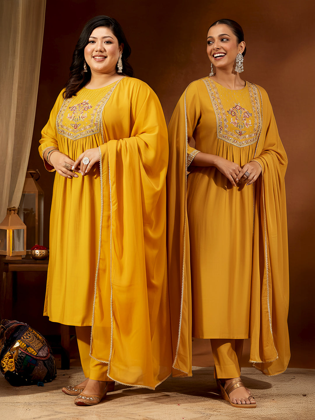 Janasya Women's Plus Size Mustard Silk Blend Embroidered Straight Kurta Set