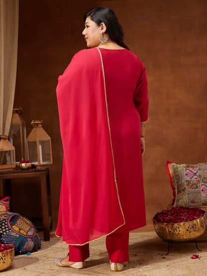 Janasya Women's Plus Size Pink Silk Blend Yoke Embroidered A-line Kurta Set
