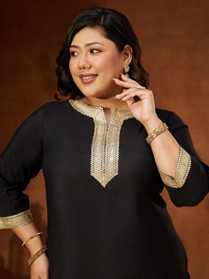 Janasya Women's Plus Size Black Chanderi Silk Embellished Yoke Design Straight Kurta Pant Set