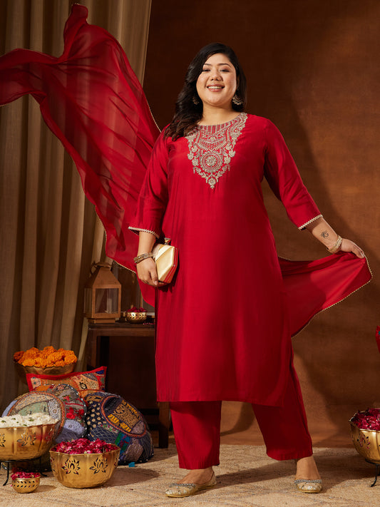 Janasya Women's Plus Size Maroon Chanderi Silk Yoke Embroidered Straight Kurta Set